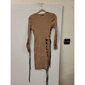 HERA Collection Dress Size L Ribbed Knit Tan Black Lace Up Detail Long Sleeve